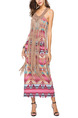 Colorful Plus Size A-Line Printed Hang V Neck Over-Hip Linking Long Tassel Dress for Casual Beach