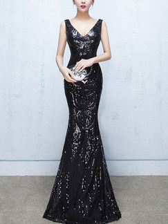 Black Slim V Neck Over-Hip Fishtail Sequins Zipper Back Dress for Cocktail Prom Ball