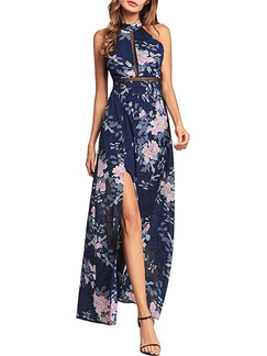 Blue Chiffon Plus Size Printed Hang Neck Furcal Open Back Band Back Floral Dress for Cocktail Party Evening