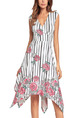 White and Red Plus Size Slim Stripe Located Printing V Neck Asyemmetrical Hem Floral Dress for Casual Party Office
