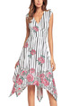 White and Red Plus Size Slim Stripe Located Printing V Neck Asyemmetrical Hem Floral Dress for Casual Party Office