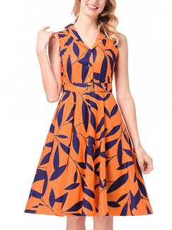 Orange and Blue Plus Size Slim A-Line Printed V Neck Lapel Knee Length Dress for Casual Party Office