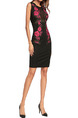 Black and Pink Plus Size Slim Embroidery Over-Hip Zipper Back Mesh See-Through Floral Dress for Cocktail Party Evening