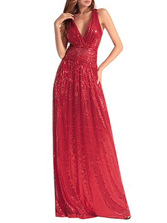 Red Plus Size Slim V Neck Sequins Cross Open Back  Dress for Cocktail Evening Prom Ball