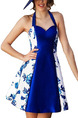 Blue and White Slim A-Line Hang Neck Located Printing Open Back Fit & Flare Above Knee Floral Dress for Cocktail Party
