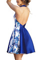 Blue and White Slim A-Line Hang Neck Located Printing Open Back Fit & Flare Above Knee Floral Dress for Cocktail Party