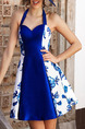Blue and White Slim A-Line Hang Neck Located Printing Open Back Fit & Flare Above Knee Floral Dress for Cocktail Party