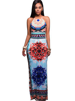 Colorful Slim Hang Neck Open Back Over-Hip Located Printing Furcal Dress for Cocktail Party Evening