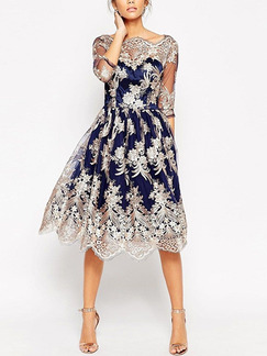 Blue and White Slim A-Line Contrast Embroidery Laced See-Through Puff Skirt Dress for Cocktail Party Evening