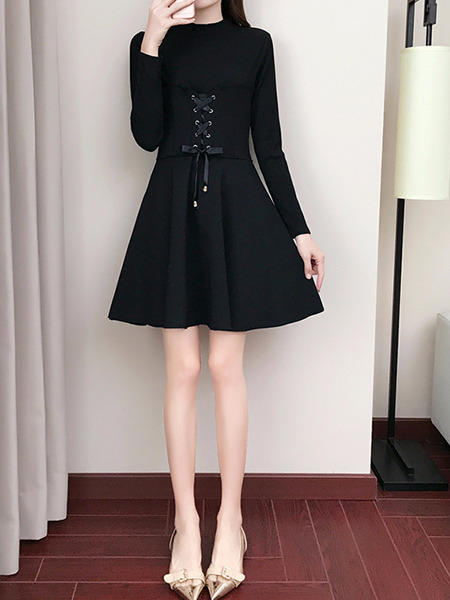 Black Slim A-line Round Neck Linking Bandage Waist Fit & Flare Long Sleeve Above Knee Dress for Casual Party Office