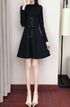 Black Slim A-line Round Neck Linking Bandage Waist Fit & Flare Long Sleeve Above Knee Dress for Casual Party Office
