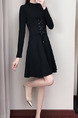 Black Slim A-line Round Neck Linking Bandage Waist Fit & Flare Long Sleeve Above Knee Dress for Casual Party Office