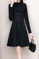 Black Slim A-line Round Neck Linking Bandage Waist Fit & Flare Long Sleeve Above Knee Dress for Casual Party Office