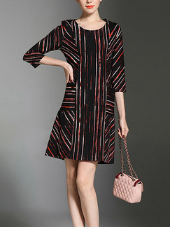 Red and Black Plus Size Slim Contrast Stripe Round Neck Pockets Shift Above Knee Dress for Casual Party Office