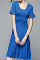 Blue Knitting Slim Round Neck Flare Sleeve Pleated Breathable Perforated Above Knee Dress for Casual Party
