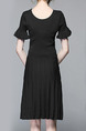 Black Knitting Slim Round Neck Flare Sleeve Pleated Breathable Perforated Above Knee Dress for Casual Party