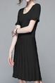 Black Knitting Slim Round Neck Flare Sleeve Pleated Breathable Perforated Above Knee Dress for Casual Party