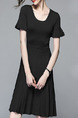 Black Knitting Slim Round Neck Flare Sleeve Pleated Breathable Perforated Above Knee Dress for Casual Party