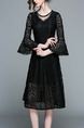 Black Plus Size Slim A-Line Lace See-Through Flare Sleeve Round Neck Knee Length Dress for Casual Party Office
