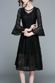 Black Plus Size Slim A-Line Lace See-Through Flare Sleeve Round Neck Knee Length Dress for Casual Party Office