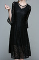 Black Plus Size Slim A-Line Lace See-Through Flare Sleeve Round Neck Knee Length Dress for Casual Party Office