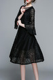 Black Plus Size Slim A-Line Lace See-Through Flare Sleeve Round Neck Knee Length Dress for Casual Party Office