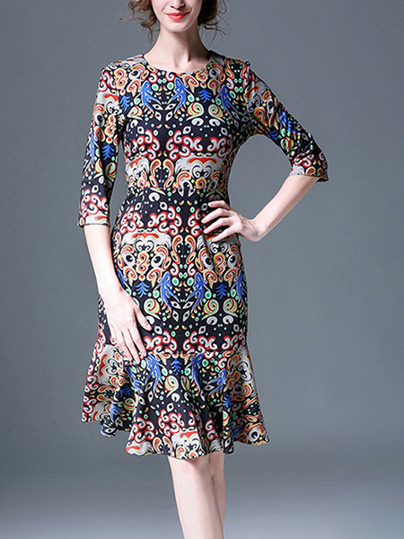 Colorful Slim Printed Round Neck Fishtail Knee Length Dress for Casual Party Office