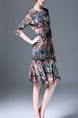 Colorful Slim Printed Round Neck Fishtail Knee Length Dress for Casual Party Office