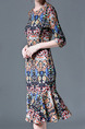 Colorful Slim Printed Round Neck Fishtail Knee Length Dress for Casual Party Office
