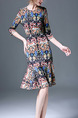 Colorful Slim Printed Round Neck Fishtail Knee Length Dress for Casual Party Office