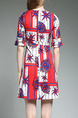 Red Blue and White Slim A-Line Printed Round Neck Flare Sleeve Above Knee Dress for Casual Party