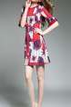 Red Blue and White Slim A-Line Printed Round Neck Flare Sleeve Above Knee Dress for Casual Party