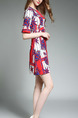 Red Blue and White Slim A-Line Printed Round Neck Flare Sleeve Above Knee Dress for Casual Party