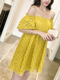Yellow Loose Lace Boat Collar Flare Sleeve Open Back Dress for Casual