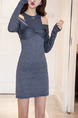 Blue Two-Piece Slim Round Neck Over-Hip Off-Shoulder Long Sleeve Above Knee Sheath Dress for Casual Office
