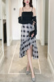 Black and White Three-Piece Slim Sling Contrast Grid Asymmetrical Hem Long Sleeve Dress for Party Evening