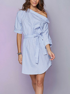 Blue Slim Off-Shoulder Stripe Band Asymmetrical Hem Buttons Side Above Knee Dress for Casual Party Office