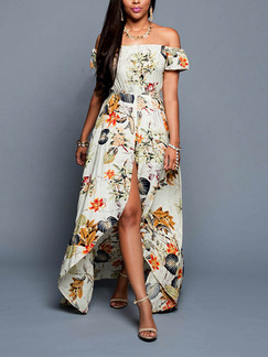 Colorful Slim Printed Full-Skirt Boat Collar Open Back Furcal Maxi Floral Off Shoulder Dress for Casual Party Beach