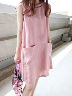 Pink Loose A-Line Round Neck Pockets Shift Above Knee Dress for Casual