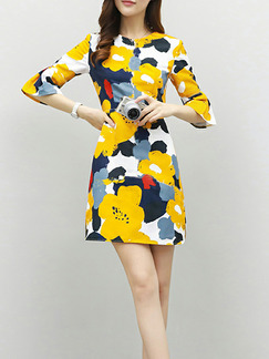 Colorful Plus Size Slim Contrast Printed A-Line Round Neck Flare Sleeve Clear Line Above Knee Dress for Casual Office