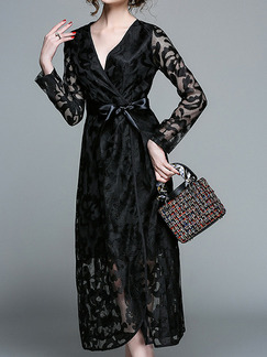 Black Plus Size A-Line Lace See-Through Cross V Neck Band Butterfly Knot Long Sleeve Dress for Casual Evening Party