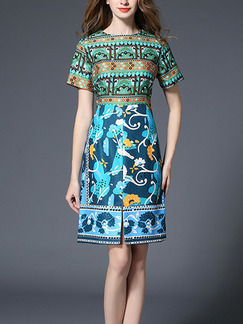 Colorful Slim A-Line Jacquard Round Neck Furcal Front Above Knee Dress for Casual Party Office