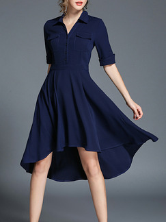 Blue Slim A-Line V Neck Lapel Pockets Buttons Asymmetrical Hem Fit & Flare Knee Length Dress for Casual Office Evening