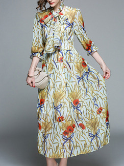 Colorful Plus Size Slim Printed A-Line Round Neck Band Butterfly Knot Maxi Dress for Casual