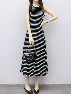 Black and White Plus Size Slim A-Line Contrast Stripe Round Neck Midi Dress for Casual Party