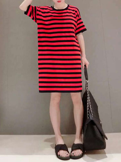 Red and Black Loose H-Shaped Contrast Stripe Round Neck Shift Knee Length Dress for Casual