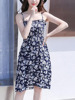 White and Blue Chiffon Slim A-Line Printed Sling Laced Adjustable Chest Open Back Sling Knee Length Floral Dress for Casual Party
