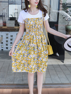 Yellow White and Blue Chiffon Slim A-Line Printed Sling Laced Adjustable Chest Open Back Floral Knee Length Dress for Casual Party