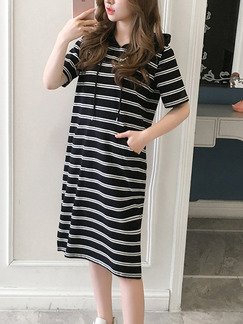 Black and White Loose H-Shaped Hooded Drawstring Contrast Stripe Furcal Side Shift Knee Length Dress for Casual