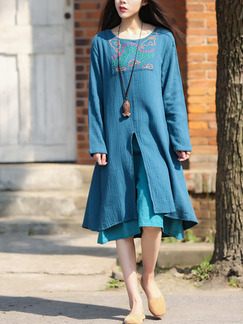 Blue and Green Loose Round Neck Embroidery Furcal Front Double Layer Long Sleeve Dress for Casual Office